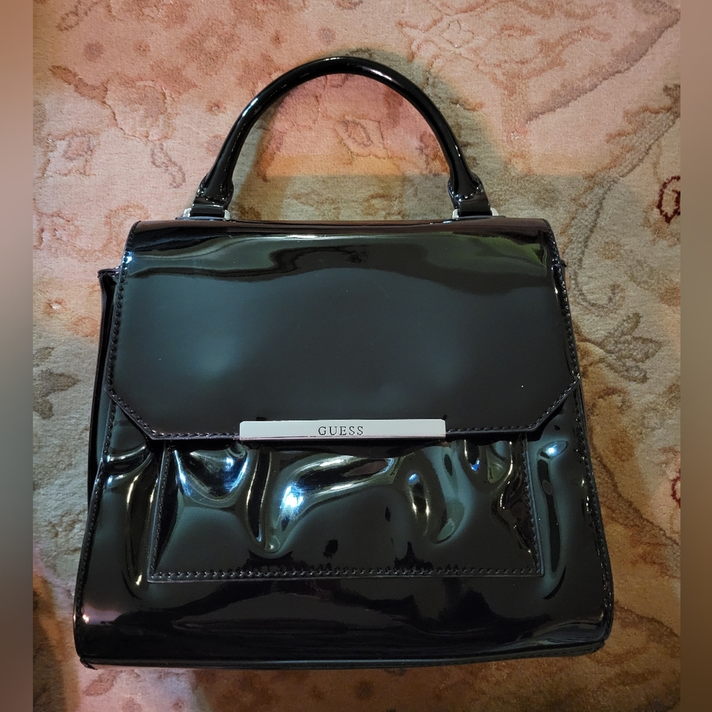 Guess Black Patent Faux Leather Top Handle Handbag